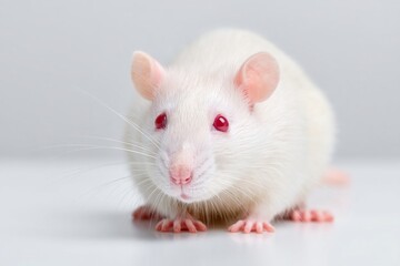 A cute white laboratory rat with vibrant red eyes sits calmly on a clean white surface, looking directly ahead.