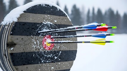 Archery target with arrows stuck in it during winter with snow falling