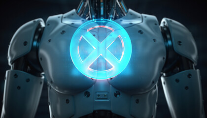 Futuristic Cyborg with Glowing Symbol: A sleek, metallic cyborg, exuding technological advancement, its chest bearing a radiant, glowing symbol representing a symbol of the future.