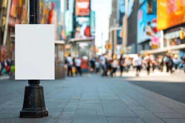 Obraz premium Blank vertical advertising poster sign mockup attached to a street lamp post base on a city sidewalk with blurred crowds and vibrant billboards.