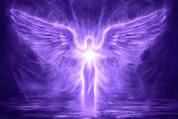 glowing purple angel with large wings radiating light and calmness against dark water background