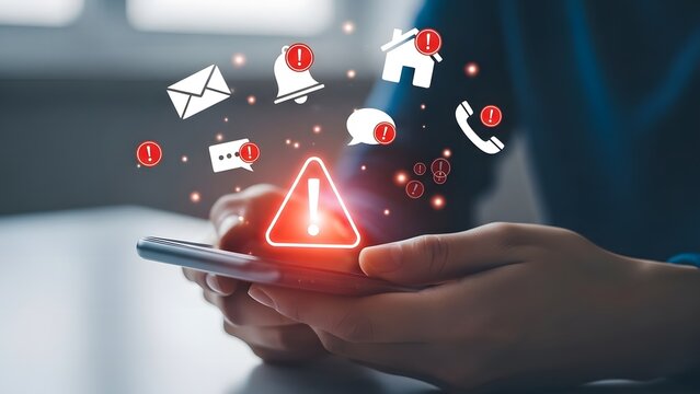 Person holding phone with notification icons and warning sign overlay