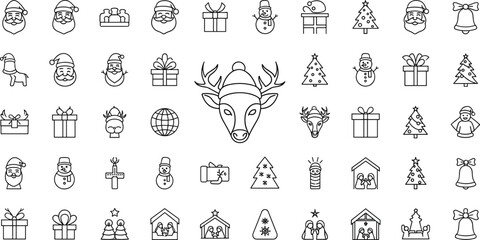 Outline Christmas icon set with Santa Claus, reindeer, snowman, gift boxes, Christmas trees, bells, and nativity scene vector