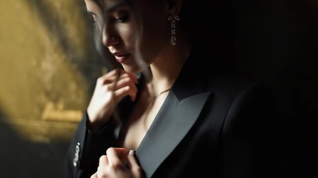 A woman in a black blazer adjusts her lapels, wearing a delicate necklace and dangling earrings in moody lighting.
