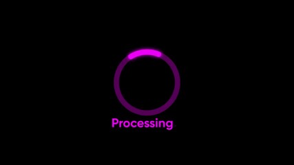 Animated loading circle with glowing neon purple progress indicator and text overlay saying processing on a dark black background digital animation abstract technology concept - Powered by Adobe