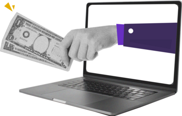 Trendy Halftone Collage with laptop hand hold money. Financial planning. Cashback concept. Save money. Earn and pay