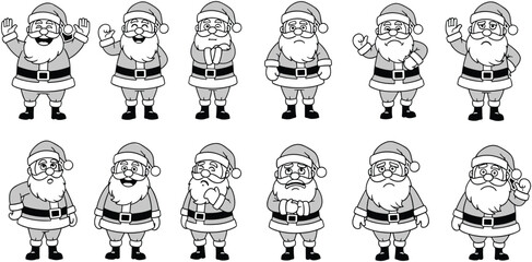 Santa Claus character expressions set showing happy, sad, angry, and cheerful poses, festive Christmas cartoon illustration vector design