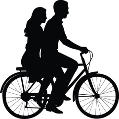 A silhouette of a couple riding a classic bicycle together