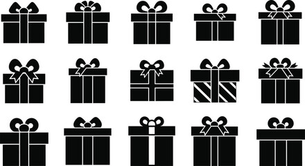 Set of black gift box silhouettes with ribbons and bows, vector illustration of presents for Christmas, birthday, and celebrations