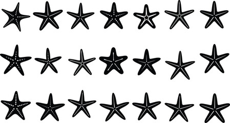 Set of black starfish silhouettes with dotted textures and detailed marine shapes, vector illustration of ocean sea stars collection