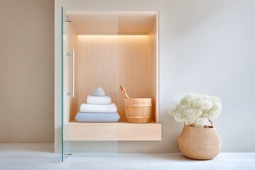 Contemporary minimalist sauna with towels and wooden bucket in a serene spa setting