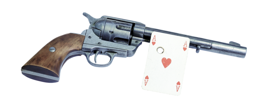 old west revolver and ace of hearts playing card with bullet hole isolated on transparent background