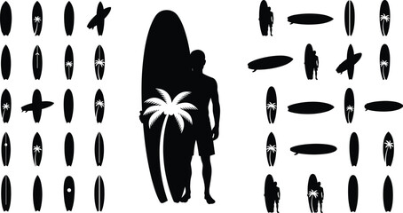 Set of surfboard and surfer silhouettes with palm tree designs, tropical beach surfing vector icons, summer ocean adventure illustration