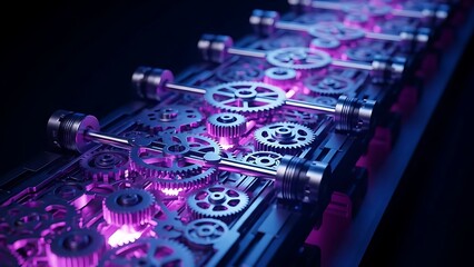 Dynamic close-up of a complex mechanical system featuring numerous interconnected gears and shafts, illuminated by vibrant purple neon lights, symbolizing intricate technology and seamless operation