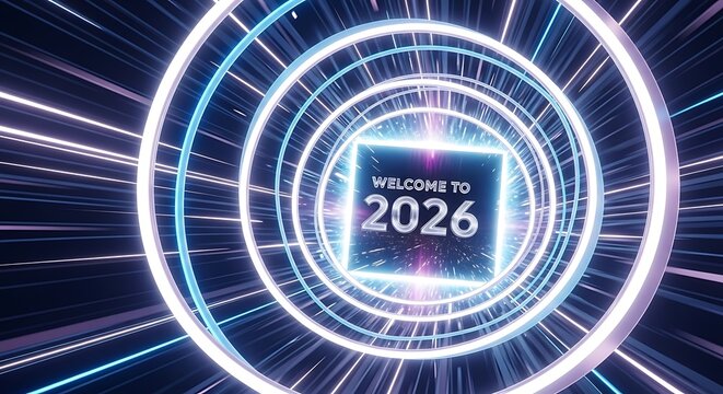 Welcome to 2026 in a futuristic tunnel with glowing neon lights - Powered by Adobe