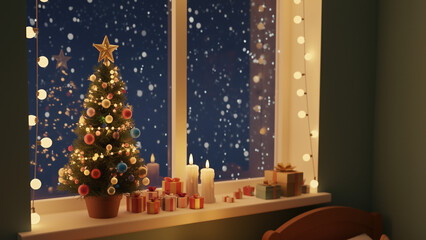 窓枠にある小さなクリスマスツリー