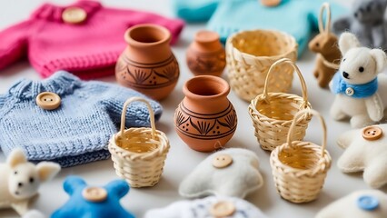 Adorable display of artisanal miniature crafts tiny knitted clothes, ceramic vessels, and wicker baskets