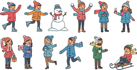 Winter holiday activity illustration with kids and adults playing in snow, ice skating, sledding, snowman building, and drinking hot chocolate