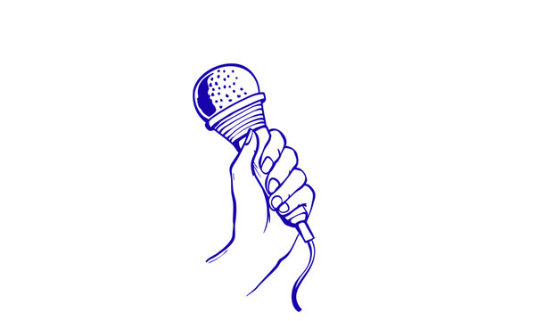Hand-drawn blue line art illustration of a hand holding a microphone, a symbol for singing, public speaking, podcasting, and journalism - Powered by Adobe