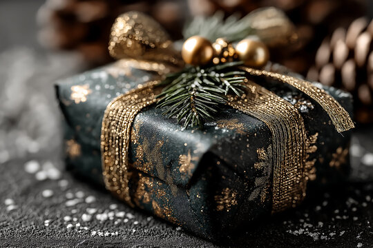 Close up of a christmas gift wrapped in dark paper with gold ribbon and bow