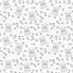 Winter seamless pattern, background with knitted sweaters, mittens and snowflakes in black and white. Cozy winter vibes. Outline contour vector drawing. For fabrics, wrapping paper, packaging design.