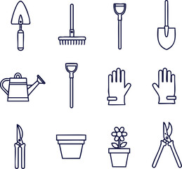 Obraz premium Gardening tools outline set for spring planting and yard work projects, perfect for outdoor lifestyle designs and garden center promotions