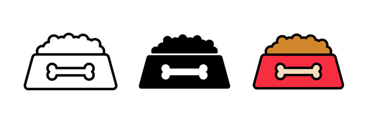 Pet food icon featuring a small bowl filled with food or kibble. Flat vector illustration, created in outline, filled, and color style.