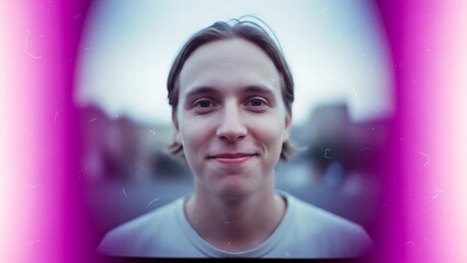 Smiling young man in a close-up portrait with a blurred background and a pink glow
