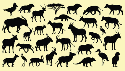 Diverse collection of african wildlife silhouettes featuring mammals and birds in various poses
