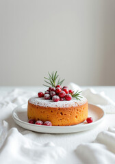Premium minimalist Christmas cake. Elegant holiday dessert with cranberries and rosemary on white plate.  Winter season.