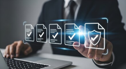 Businessman securing digital documents with cybersecurity and compliance management system