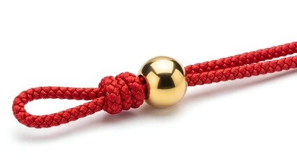 Close-up detail of a vibrant red braided cord with a gleaming golden spherical bead elegantly secured by a decorative knot, isolated on a clean white background, showcasing craftsmanship