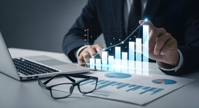 Businessman analyzing financial data with holographic chart and modern technology