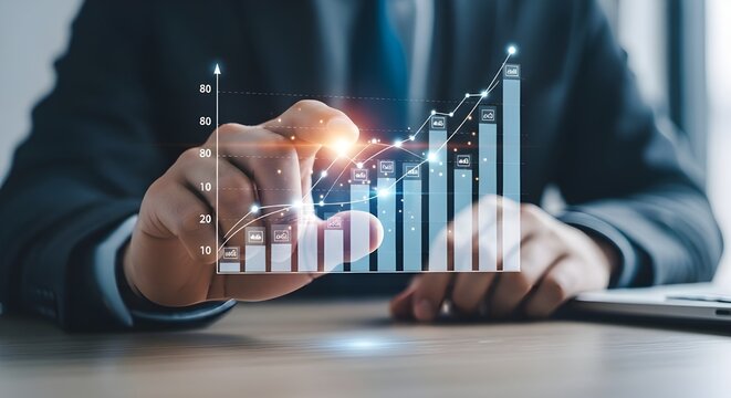 Businessman analyzing financial growth chart with hologram technology for business success