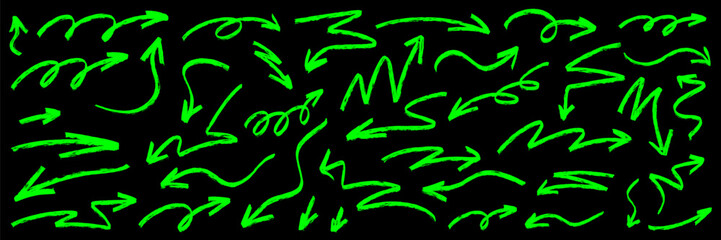 A playful arrow pack with rough arrow doodles, soft highlight touches, bold marker accents, loose brush textures and crisp pen strokes, mixing highlight shine with marker.