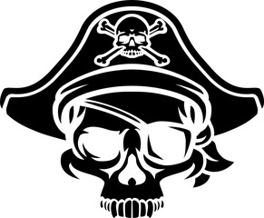 A pirate skull and crossbones jolly roger grim reaper cartoon wearing captain a hat and eye patch