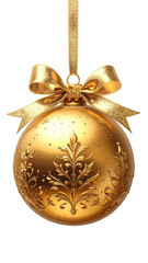 Glistening gold ornament with floral design, ribbon bow
