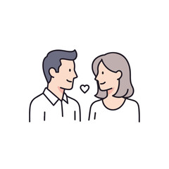 Fototapeta premium Adult couple illustration showcasing affection, adult couple portrait demonstrates connection and companionship, minimal depiction. Adult couple looking at each other with a heart symbol between,