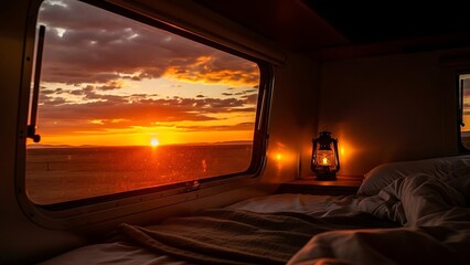 Cozy camper van interior view of a vibrant sunset over a vast landscape, a lantern casting a warm glow