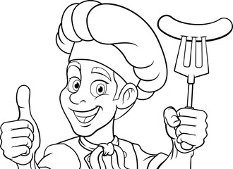 A chef cartoon barbecue cook man giving a thumbs up and holding a hotdog or grilled sausage a BBQ or cooking fork and peeking around sign or menu, mascot character illustration 