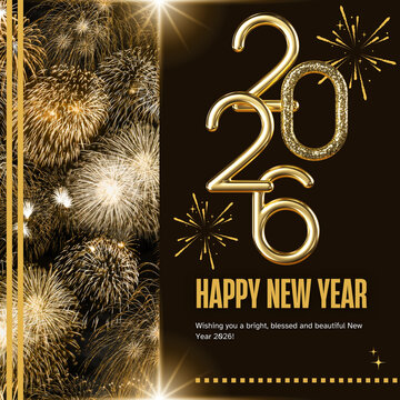 Happy New Year 2026 Celebration Background with Golden Fireworks and Elegant Typography