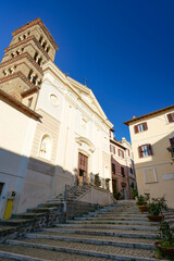 The facade of a church in Genazzano, a medieval town in the province of Rome, Italy.