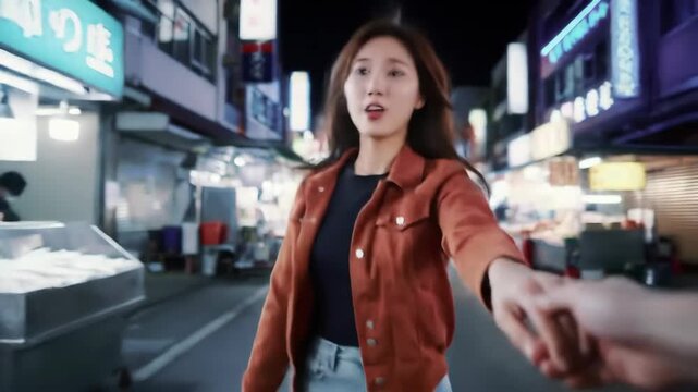 Follow-Me POV of an Asian Woman Holding Hand and Walking Through a Night Market