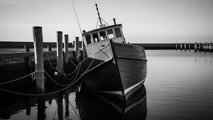 Black and white photograph of a solitary fishing boat moored at a tranquil harbor pier with reflection