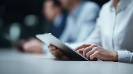 Business team meeting with focus on hands using digital tablet professional attire modern office environment technology collaboration blurred background teamwork planning and productivity