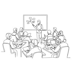 Adult education class in simple black and white line drawing style, showing a group of students attentively listening to teacher.