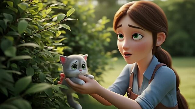 A young animated girl gently holds a tiny kitten in her hands, looking at it with concern amidst lush green foliage.