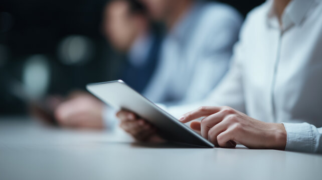 Business team meeting with focus on hands using digital tablet professional attire modern office environment technology collaboration blurred background teamwork planning and productivity - Powered by Adobe