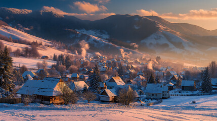 A snowy village nestled in a valley surrounded by mountains at sunset time