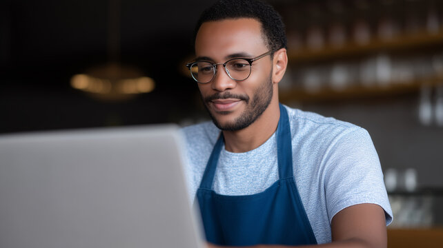 Young professional wearing apron working on laptop in cafe, focused and smiling, managing inventory or business tasks efficiently in modern workspace